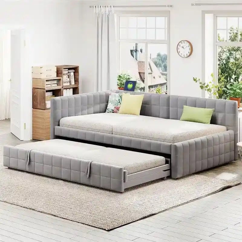 Full Size Upholstered Daybed with Twin Size Pop Up Trundle and USB Ports, Modern Daybed Frame Sofa Bed with L-Shaped Backrest