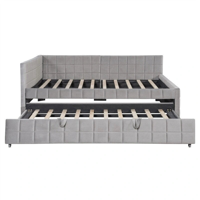 Full Size Upholstered Daybed with Twin Size Pop Up Trundle and USB Ports, Modern Daybed Frame Sofa Bed with L-Shaped Backrest