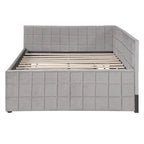 Full Size Upholstered Daybed with Twin Size Pop Up Trundle and USB Ports, Modern Daybed Frame Sofa Bed with L-Shaped Backrest