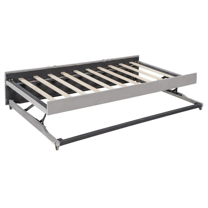 Full Size Upholstered Daybed with Twin Size Pop Up Trundle and USB Ports, Modern Daybed Frame Sofa Bed with L-Shaped Backrest