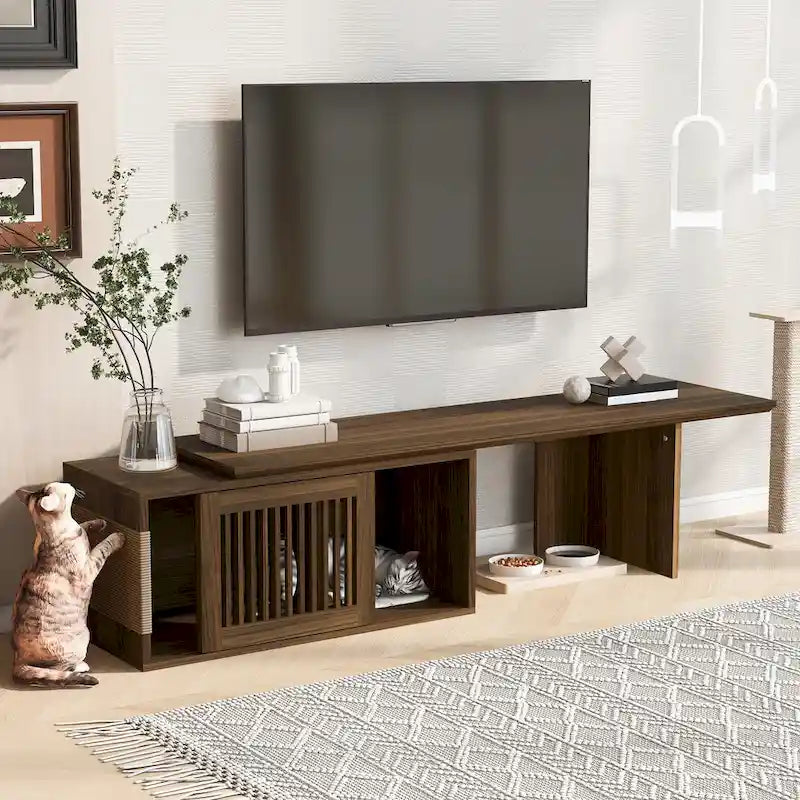 Extendable TV Stand with Cat Cushion,Modern TV Stand for TVs Up to 85 , Entertainment Center with Sliding Door