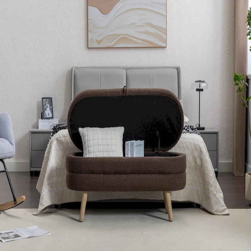 Storage Ottoman Bench with Wood Legs,Oval End of Bed Bench Indoor Ottoman W/Adjustable Foot Nails for Living Room