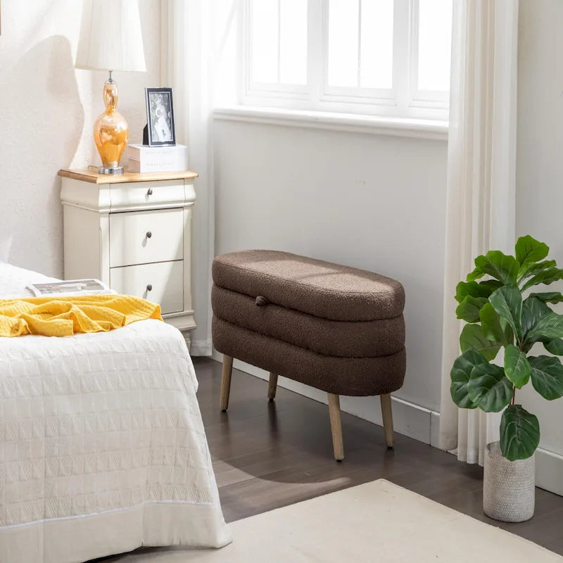Storage Ottoman Bench with Wood Legs,Oval End of Bed Bench Indoor Ottoman W/Adjustable Foot Nails for Living Room