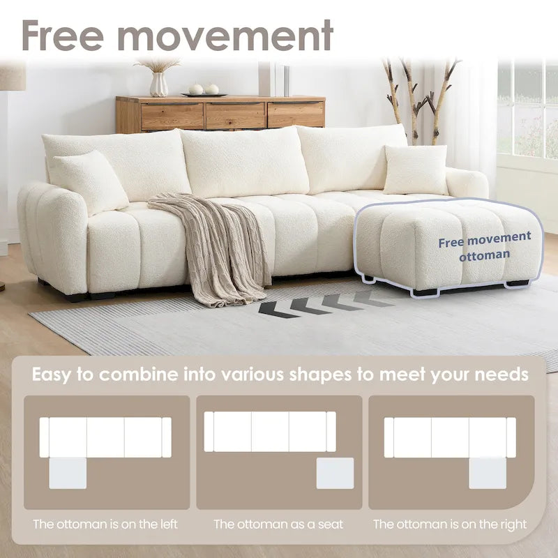 100  L-Shaped Sofa Boucle Fabric Couch with Movable Ottoman