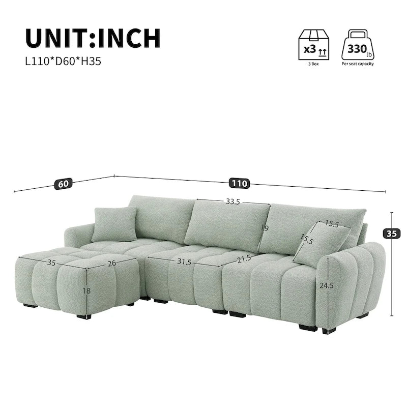 100  L-Shaped Sofa Boucle Fabric Couch with Movable Ottoman