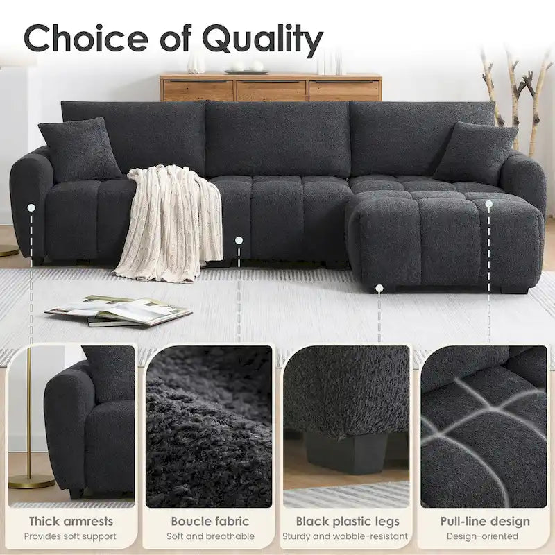 100  L-Shaped Sofa Boucle Fabric Couch with Movable Ottoman