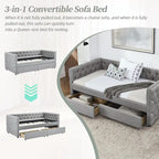 Linen Upholstered Mid-century Modern Twin Size Copper Nail Daybed Sofa with Two Drawers