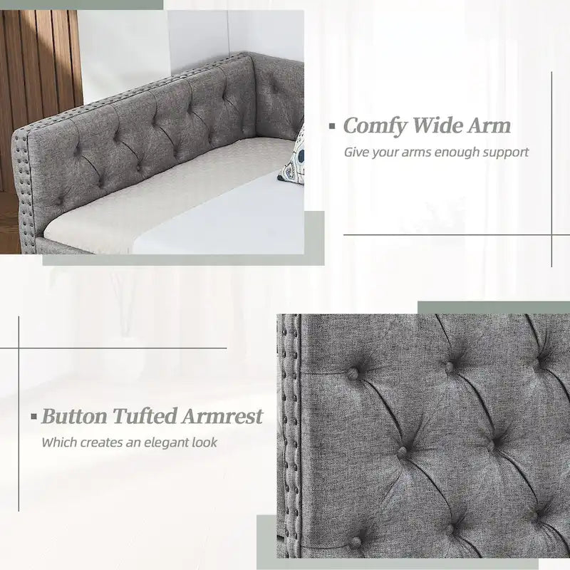 Linen Upholstered Mid-century Modern Twin Size Copper Nail Daybed Sofa with Two Drawers