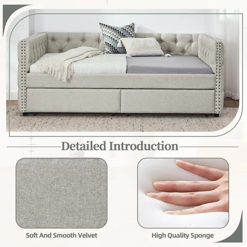 Linen Upholstered Mid-century Modern Twin Size Copper Nail Daybed Sofa with Two Drawers