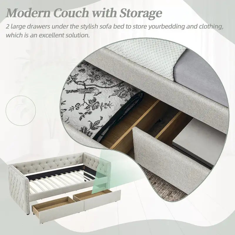 Linen Upholstered Mid-century Modern Twin Size Copper Nail Daybed Sofa with Two Drawers
