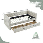 Linen Upholstered Mid-century Modern Twin Size Copper Nail Daybed Sofa with Two Drawers