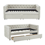 Linen Upholstered Mid-century Modern Twin Size Copper Nail Daybed Sofa with Two Drawers