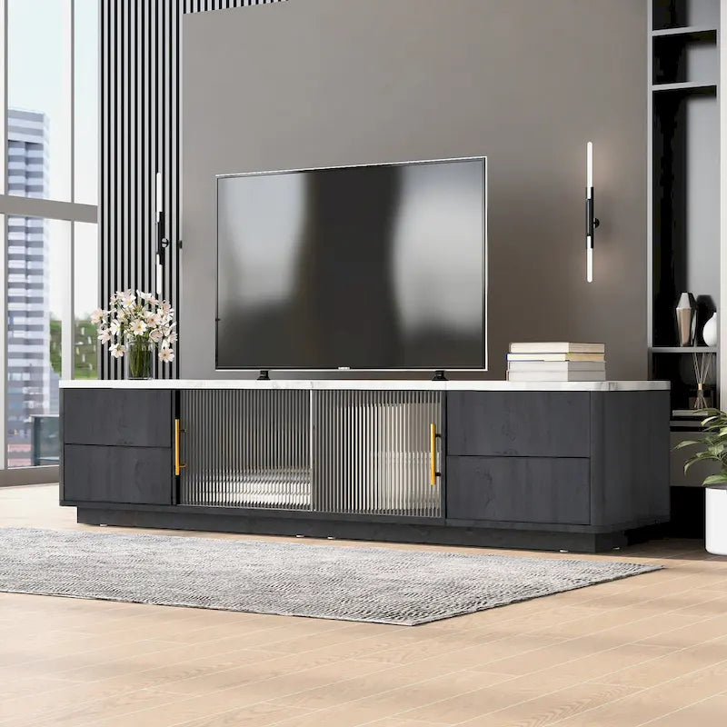 Glass Doors TV Stand for 70  TV, Media Console with 4 Drawers Floor Wood TV Media Center Table with Large Storage Cabinet