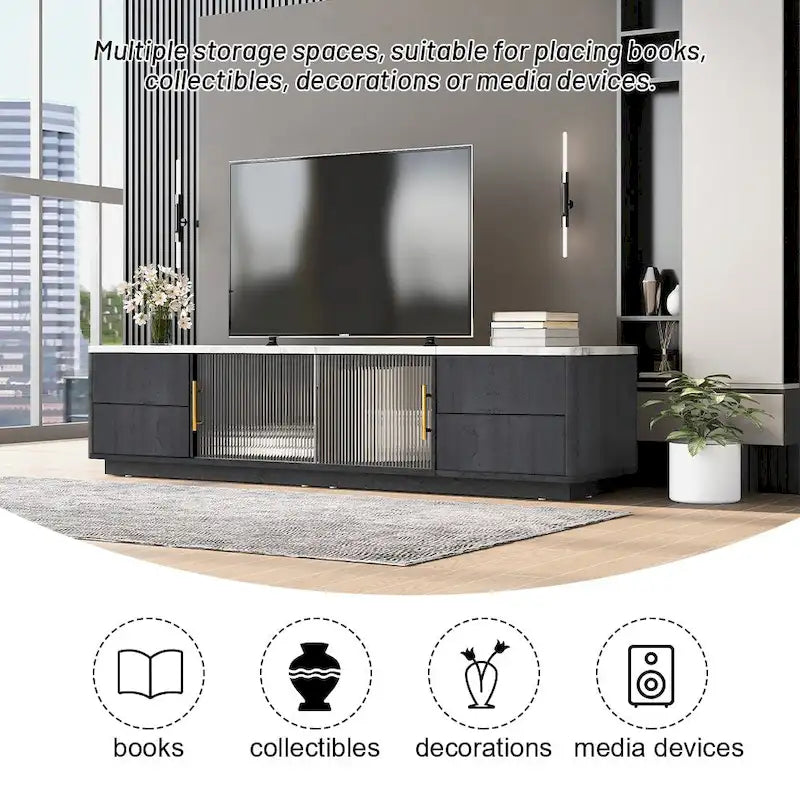 Glass Doors TV Stand for 70  TV, Media Console with 4 Drawers Floor Wood TV Media Center Table with Large Storage Cabinet