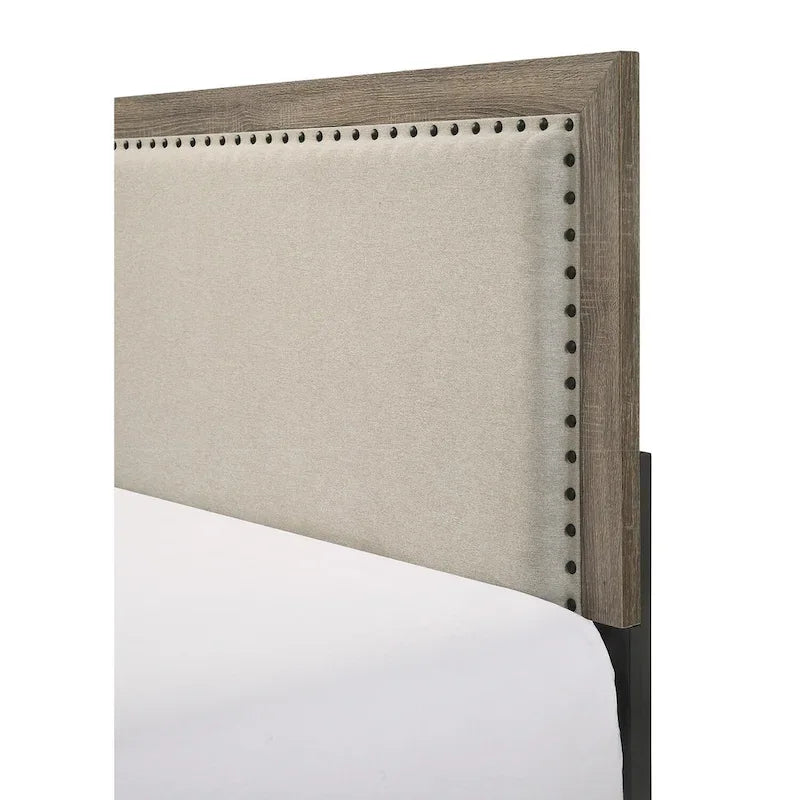Grey Finish Fabric Upholstered Headboard Tufted Nailhead Trim 1pc Queen Size Panel Bed Beautiful Wooden Bedroom Furniture