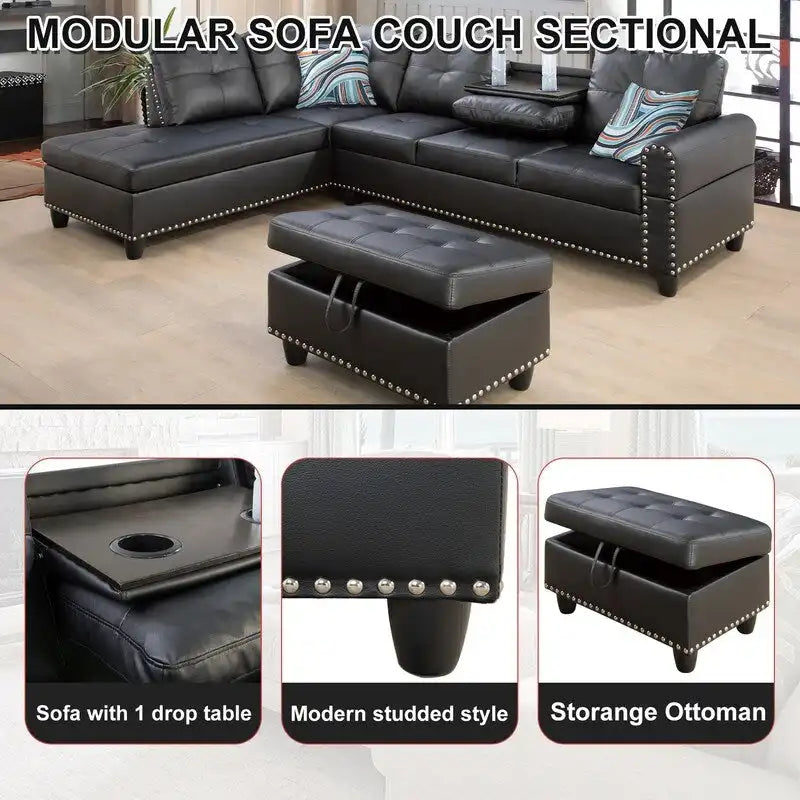 Modern 3-Piece Black Faux & Synthetic Leather Sofa Set: Sleek Style for Living Rooms