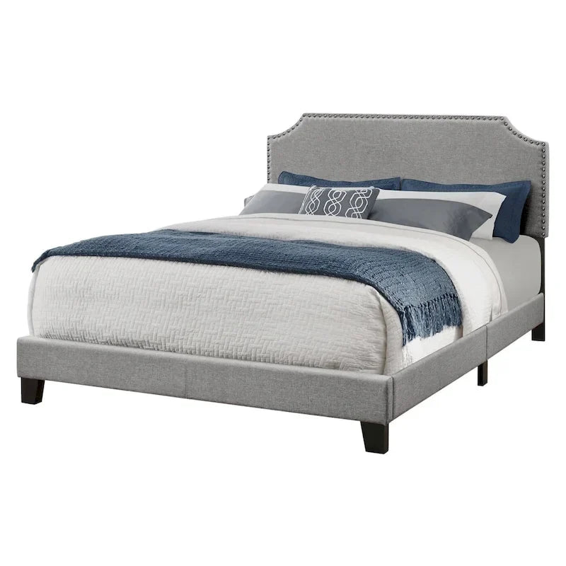 Grey Polyester Upholstered Queen Bed Frame with Headboard and Nailhead Trim