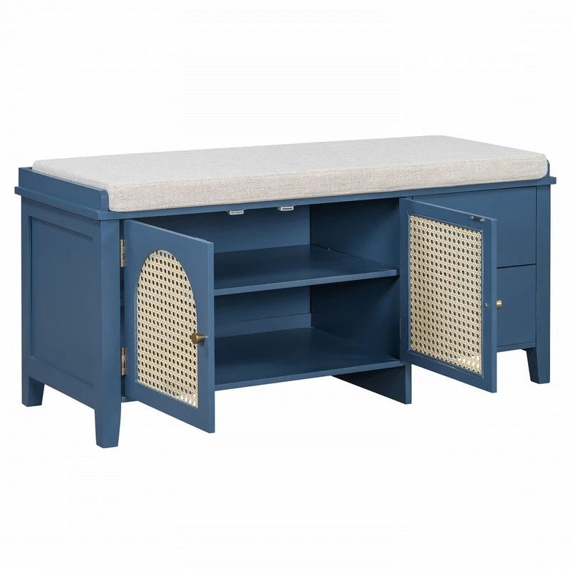Retro Shoe Storage Bench with Drawers and Cushion for Entryway or Living Room Organization