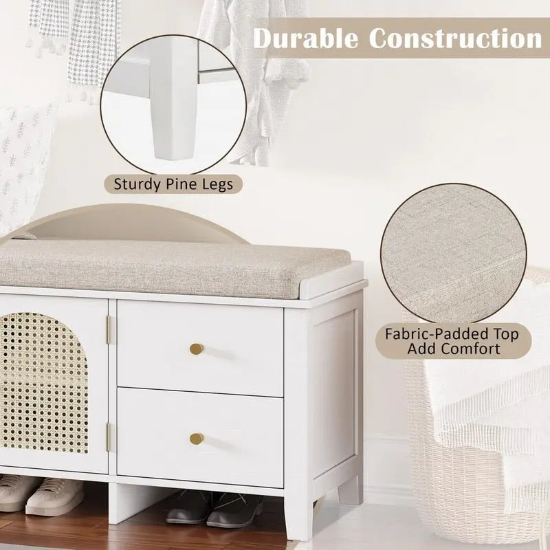 Retro Shoe Storage Bench with Drawers and Cushion for Entryway or Living Room Organization