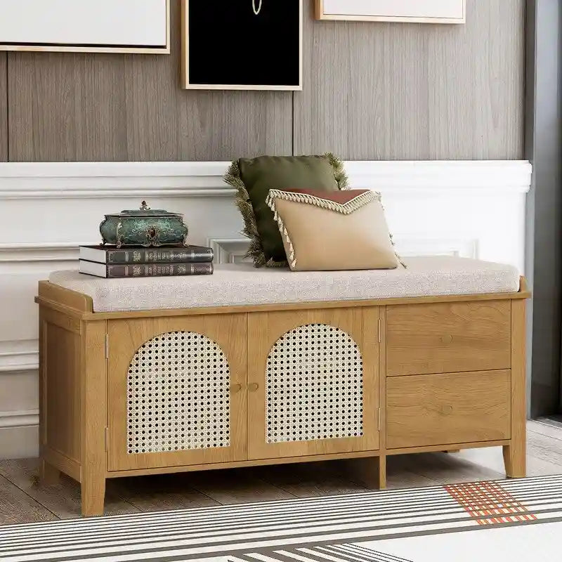 Retro Shoe Storage Bench with Drawers and Cushion for Entryway or Living Room Organization