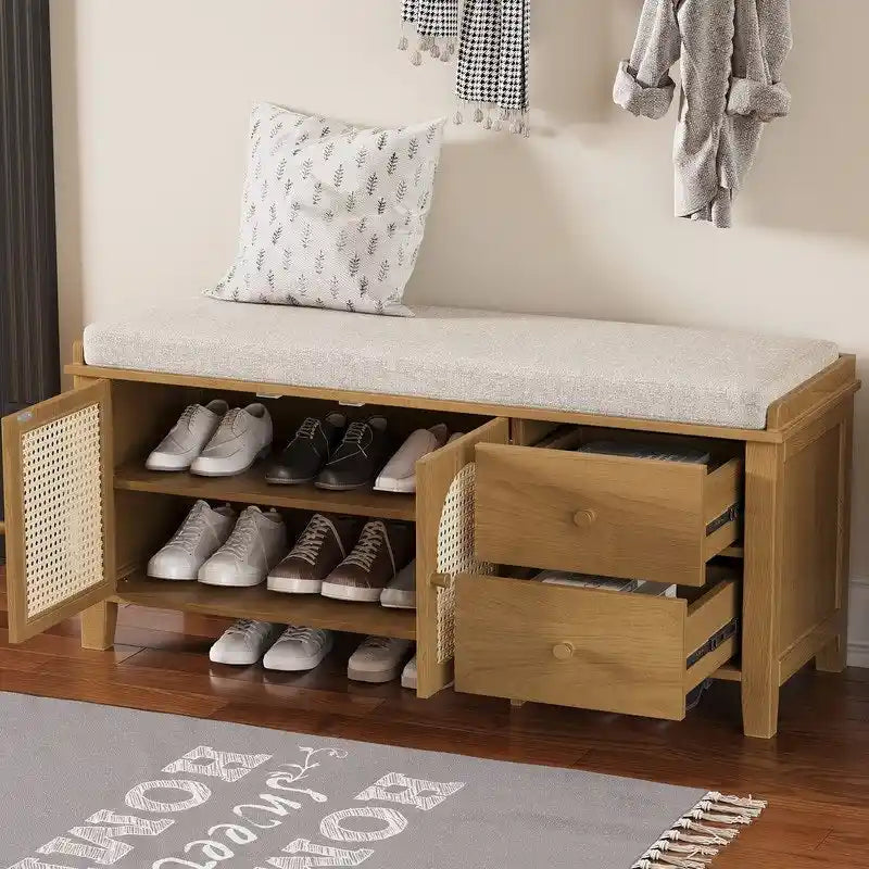 Retro Shoe Storage Bench with Drawers and Cushion for Entryway or Living Room Organization