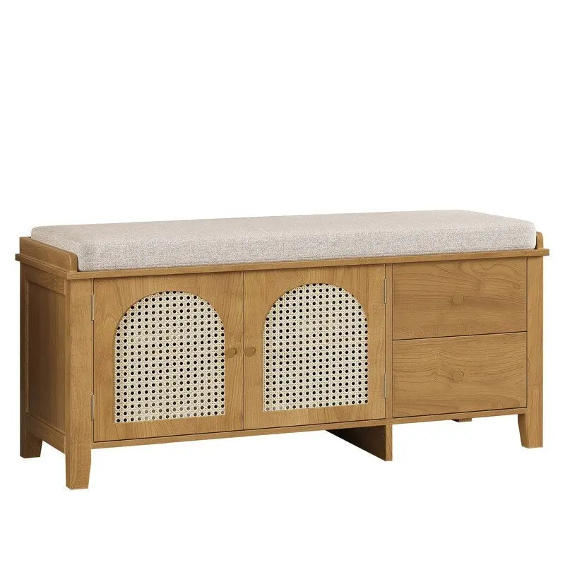 Retro Shoe Storage Bench with Drawers and Cushion for Entryway or Living Room Organization