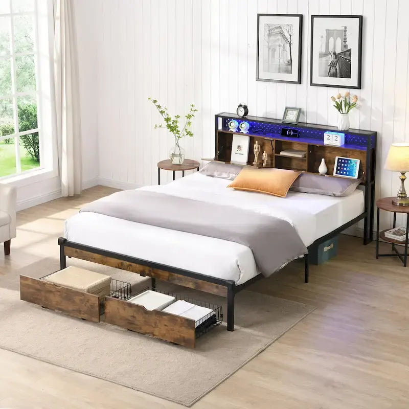 Black Brown King Size Metal Platform Bed with Wooden Headboard, Drawers, and LEDs