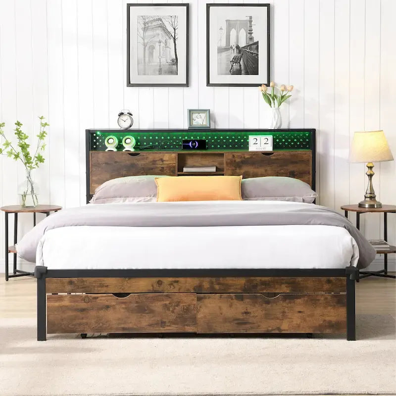 Black Brown King Size Metal Platform Bed with Wooden Headboard, Drawers, and LEDs