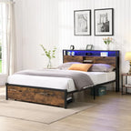 Black Brown King Size Metal Platform Bed with Wooden Headboard, Drawers, and LEDs