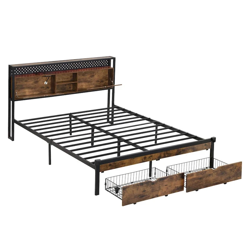 Black Brown King Size Metal Platform Bed with Wooden Headboard, Drawers, and LEDs