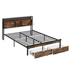Black Brown King Size Metal Platform Bed with Wooden Headboard, Drawers, and LEDs