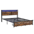 Black Brown King Size Metal Platform Bed with Wooden Headboard, Drawers, and LEDs