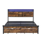 Black Brown King Size Metal Platform Bed with Wooden Headboard, Drawers, and LEDs