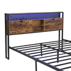 Black Brown King Size Metal Platform Bed with Wooden Headboard, Drawers, and LEDs