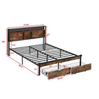 Black Brown King Size Metal Platform Bed with Wooden Headboard, Drawers, and LEDs
