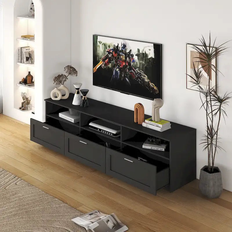 Black 70.87  TV Stand with 3 Open Storage Spaces and 3 Drawers for Living Room
