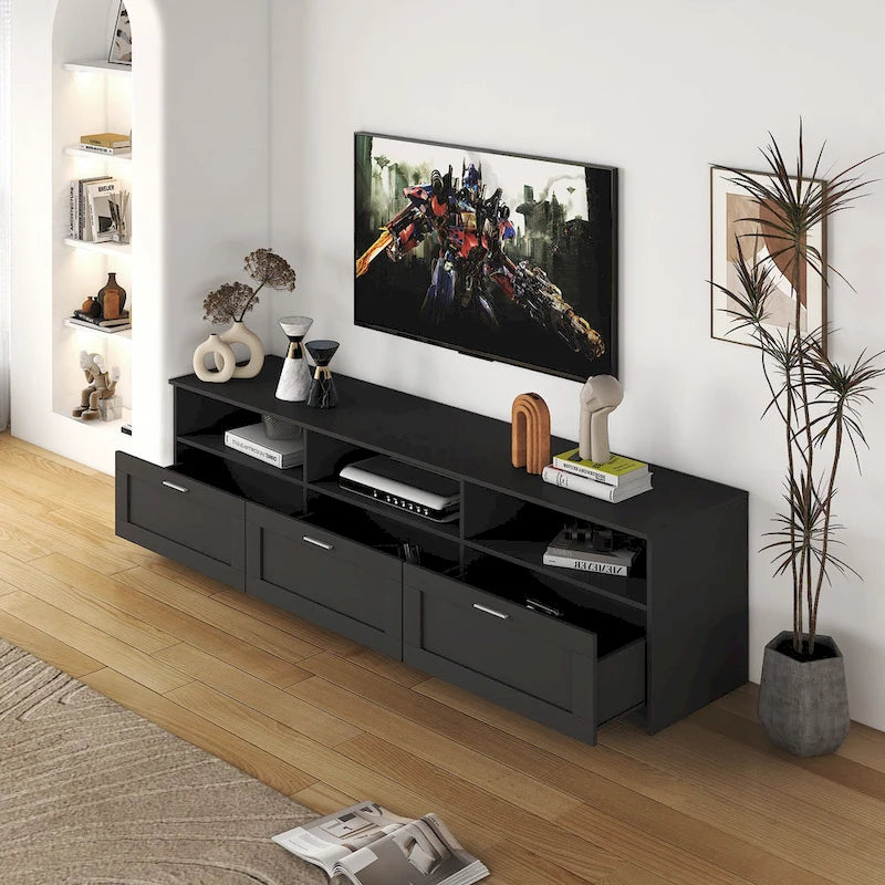 Black 70.87  TV Stand with 3 Open Storage Spaces and 3 Drawers for Living Room