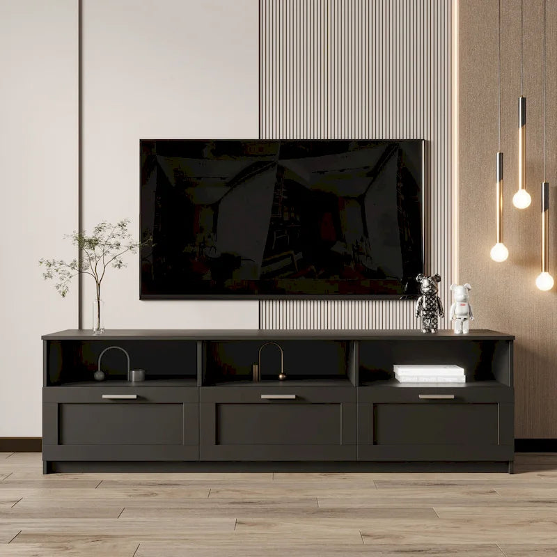 Black 70.87  TV Stand with 3 Open Storage Spaces and 3 Drawers for Living Room