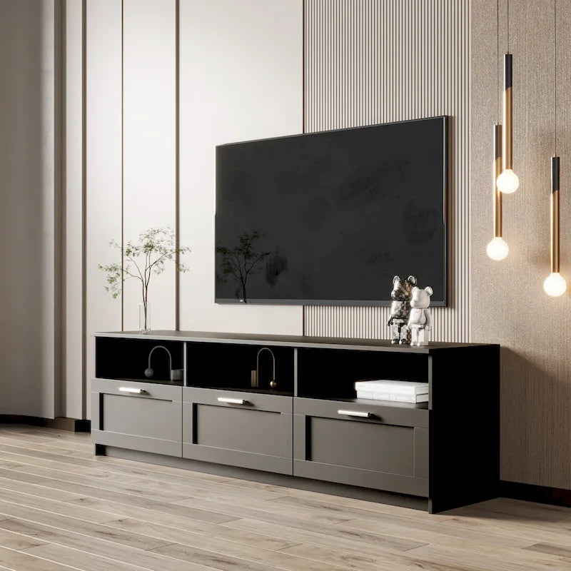 Black 70.87  TV Stand with 3 Open Storage Spaces and 3 Drawers for Living Room