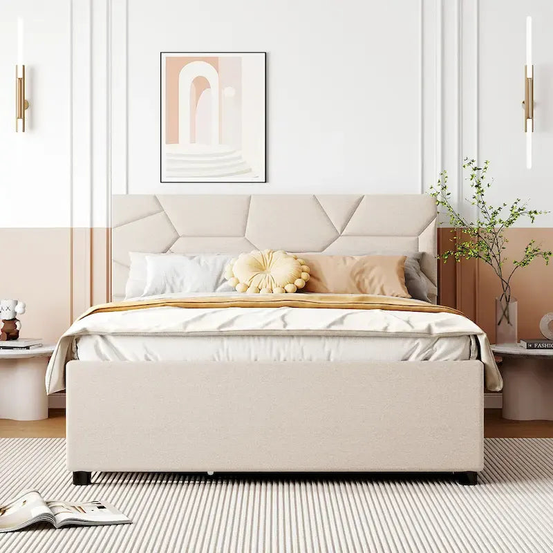 Beige Full Size Linen Platform Bed with Brick Pattern Headboard, Trundle, and Storage Drawers