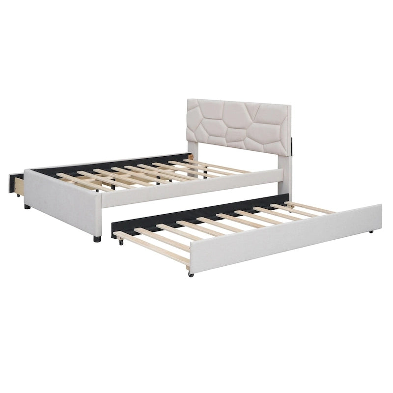 Beige Full Size Linen Platform Bed with Brick Pattern Headboard, Trundle, and Storage Drawers