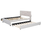 Beige Full Size Linen Platform Bed with Brick Pattern Headboard, Trundle, and Storage Drawers