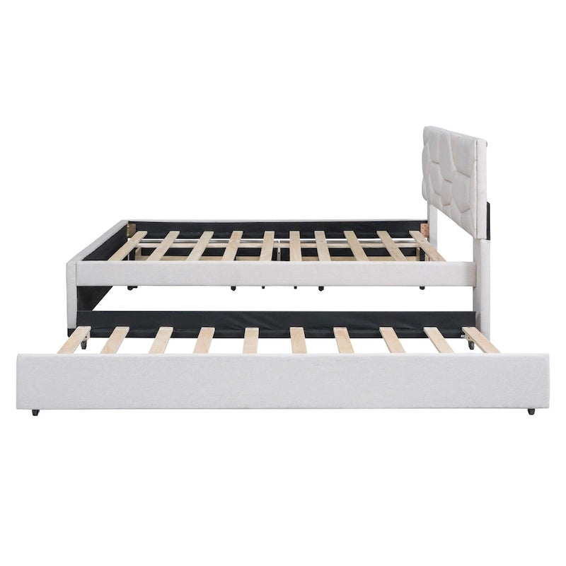 Beige Full Size Linen Platform Bed with Brick Pattern Headboard, Trundle, and Storage Drawers