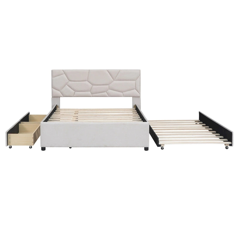 Beige Full Size Linen Platform Bed with Brick Pattern Headboard, Trundle, and Storage Drawers