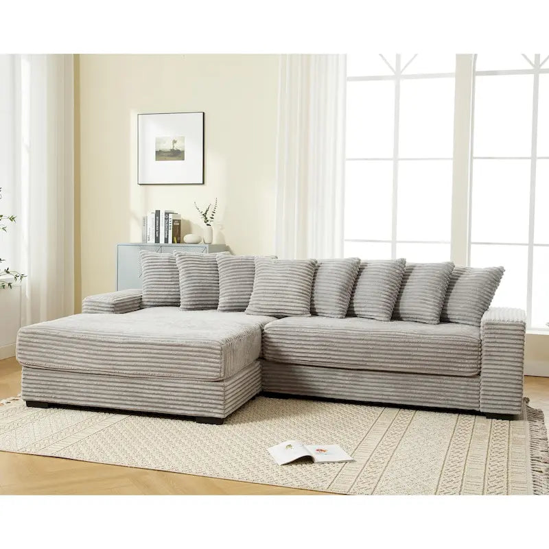 111  Corduroy L-Shaped Sectional Sofa with Left Chaise & 8 Pillows