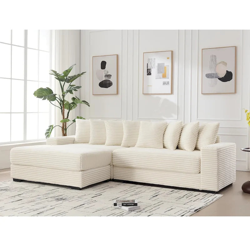 111  Corduroy L-Shaped Sectional Sofa with Left Chaise & 8 Pillows