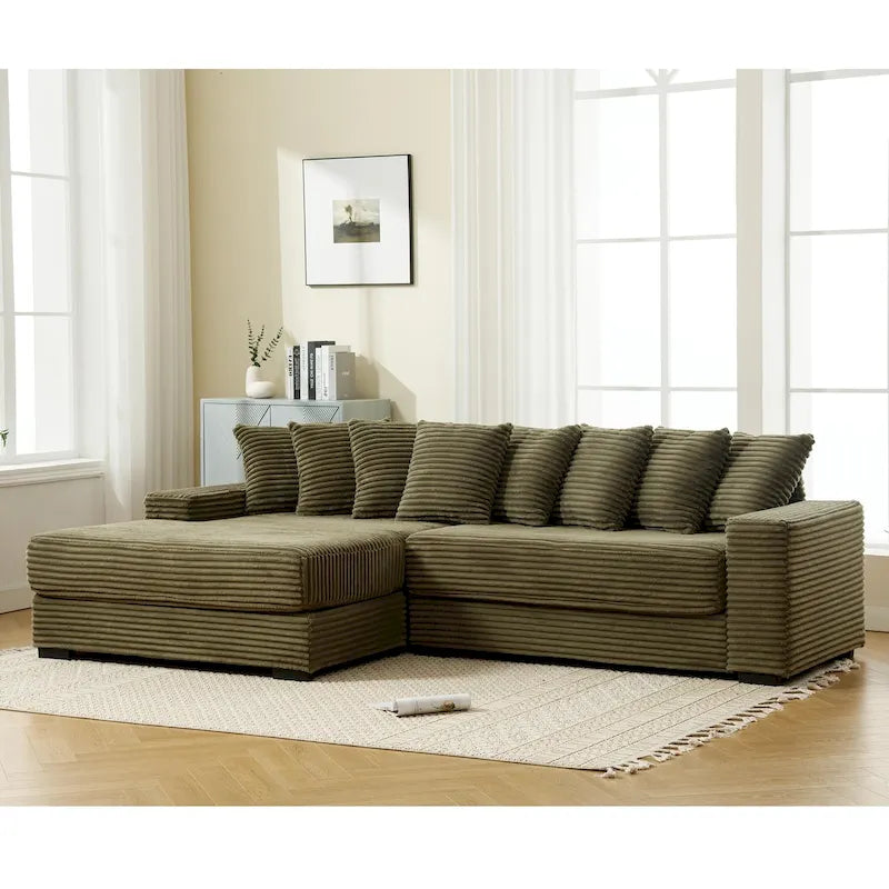 111  Corduroy L-Shaped Sectional Sofa with Left Chaise & 8 Pillows