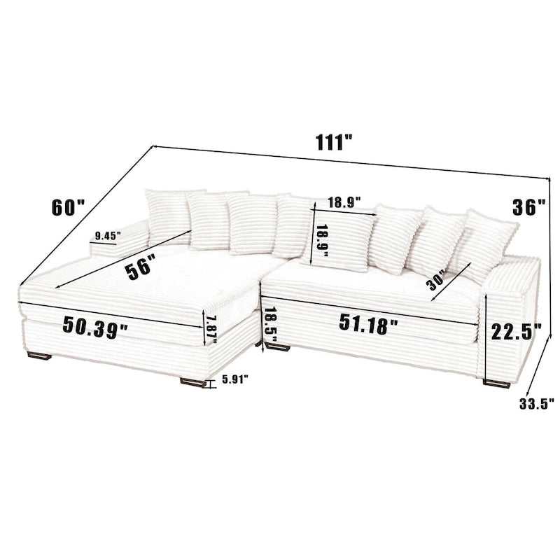 111  Corduroy L-Shaped Sectional Sofa with Left Chaise & 8 Pillows
