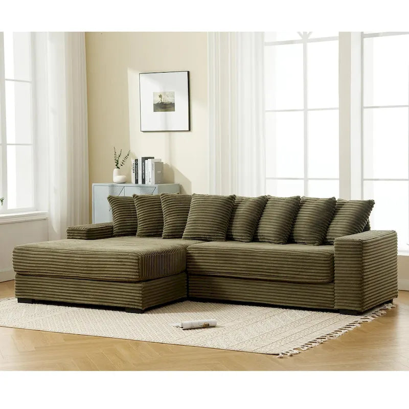 111  Corduroy L-Shaped Sectional Sofa with Left Chaise & 8 Pillows