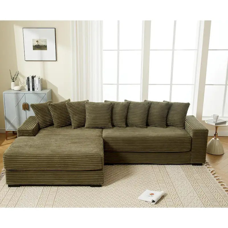 111  Corduroy L-Shaped Sectional Sofa with Left Chaise & 8 Pillows